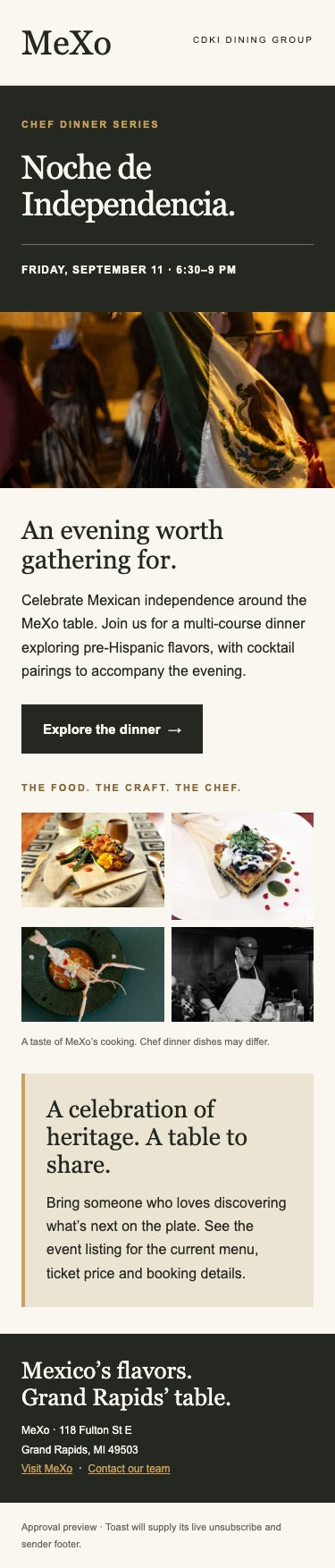 MeXo chef dinner email layout combining cultural imagery, food photography and a dinner invitation.