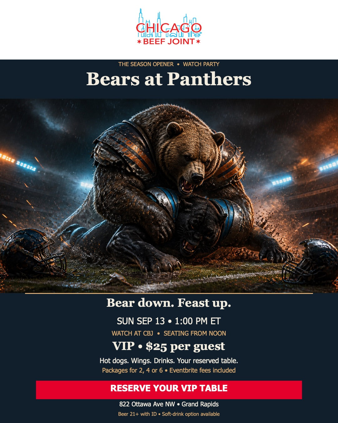 Chicago Beef Joint watch-party campaign design with cinematic bear and panther illustration.