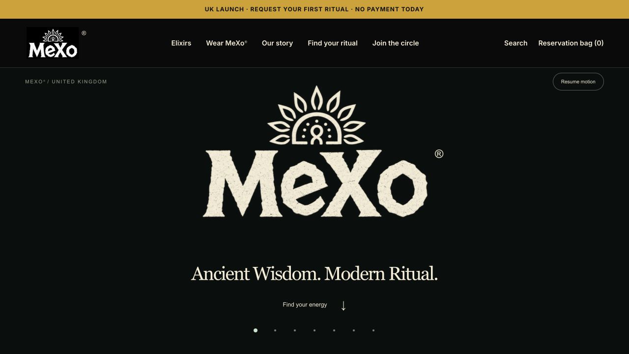 DrinkMeXo live homepage with MeXo branding and Ancient Wisdom. Modern Ritual. headline