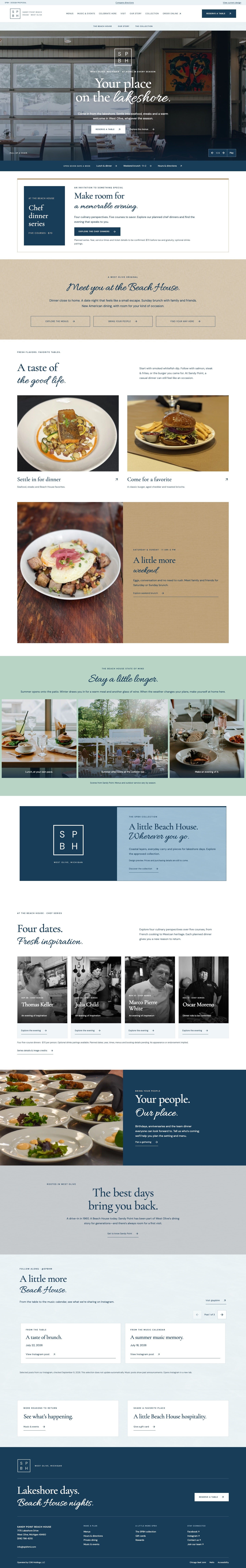 Sandy Point website design review with coastal colors, restaurant photography and hospitality sections.